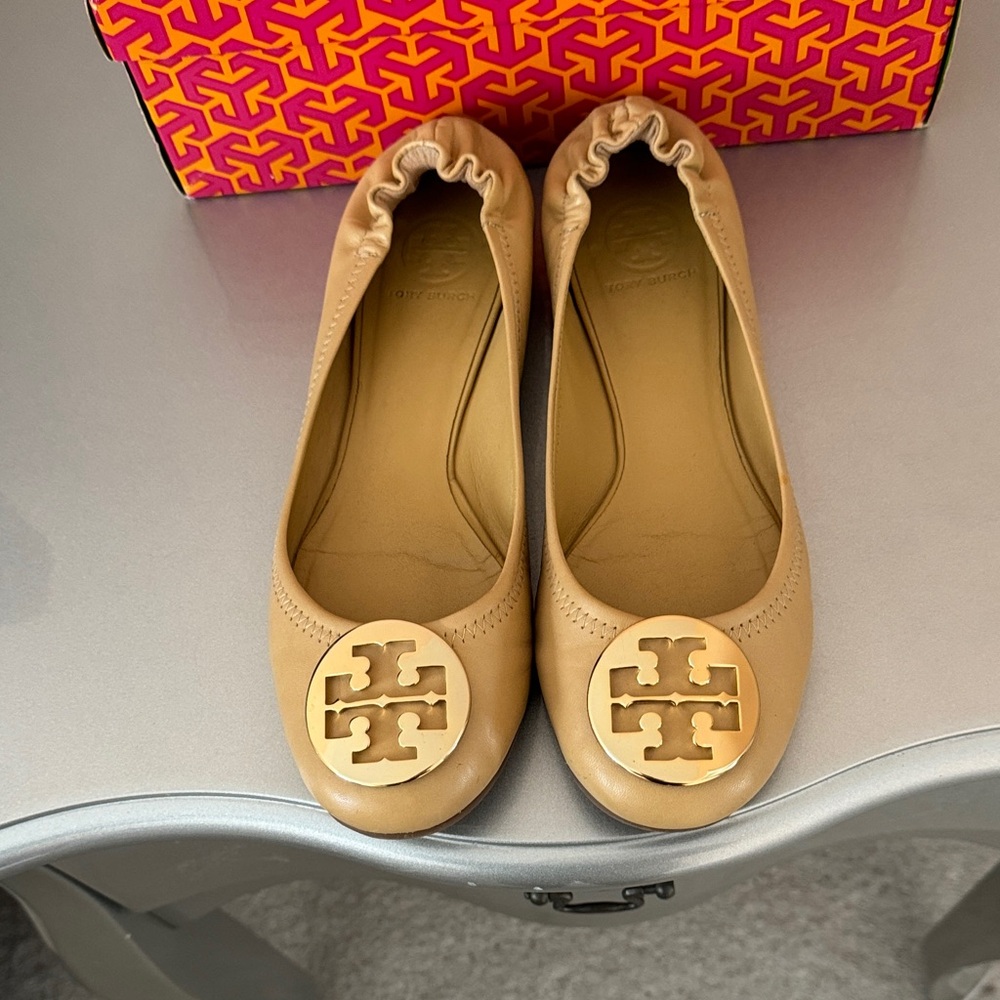 Tory Burch Beige Flats with Gold Logo